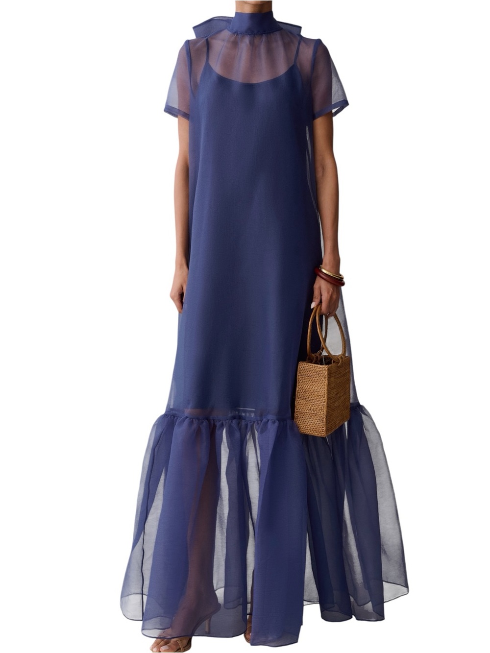 Few Moda Caara Melody Dress Navy Blue Organza Sheer Ruffle Overlay NWT